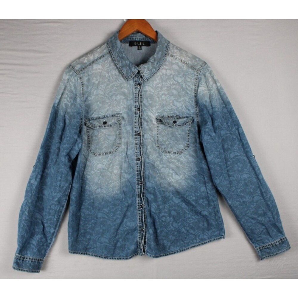 B.L.U.E. Paisley Faded Denim Button-Down Shirt Size Large Light to Dark Wash